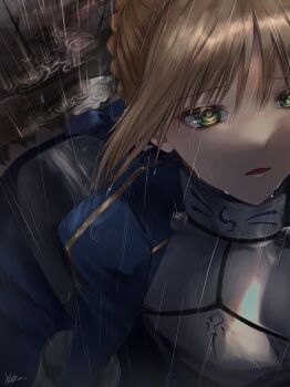 1girl absurdres armor armored_dress artoria_pendragon_(fate) blonde_hair blue_dress braid breastplate commentary_request dated dress fate/grand_order fate/stay_night fate/zero fate_(series) from_above gauntlets green_eyes hair_between_eyes hibiya_saeki highres long_dress looking_up mud open_mouth parted_bangs rain saber_(fate) sad short_hair sidelocks signature solo tears