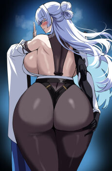 1girl 1other absurdres ass black_pantyhose blue_background blush commentary commentary_request english_commentary goddess_of_victory:_nikke grabbing_own_ass half-closed_eyes hella_p highres long_hair looking_at_viewer looking_back mechanical_arms nayuta_(nikke) pantyhose parted_lips simple_background single_mechanical_arm standing steaming_body very_long_hair white_eyes white_hair