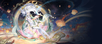 Rule 34 | 1girl, bad link, blonde hair, braid, breasts, chinese clothes, closed mouth, crescent, crescent hair ornament, dress, earrings, genshin impact, hair ornament, high ponytail, highres, jewelry, lantern, long hair, long sleeves, multicolored hair, official art, ponytail, smile, solo, streaked hair, white dress, white hair, wide sleeves, yellow eyes, zibai (genshin impact)