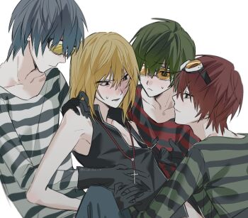 4boys alternate_hair_color black_gloves black_shirt blonde_hair blue_hair blush clone_harem closed_mouth collarbone commentary_request crew_neck cross cross_necklace death_note gloves goggles goggles_on_head green_hair highres jewelry long_sleeves looking_at_another male_focus matt_(death_note) mello_(death_note) multiple_boys necklace nervous_sweating orange-tinted_eyewear red_hair shirt simple_background sleeveless sleeveless_shirt striped_clothes striped_shirt sweat tinted_eyewear white_background x_u6_6u_x yaoi