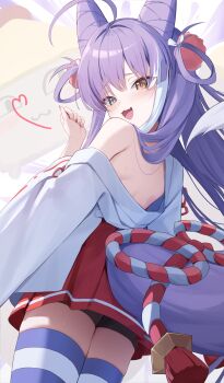 :3 back cone_hair_bun fang hair_bun hair_ornament heterochromia highres kosode multicolored_hair pom_pom_(clothes) pom_pom_hair_ornament purple_hair purple_tail stellive streaked_hair sweat tenko_shibuki virtual_youtuber white_hair yellow_eyes