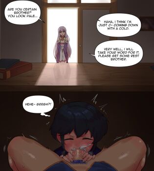 1boy 2girls assertive_female athos_(athosart) black_hair blue_hair blue_pubic_hair blush brother_and_sister closed_eyes clothed_sex colored_pubic_hair commission commissioner_upload cum cum_in_mouth desk door ejaculation english_text fellatio fire_emblem fire_emblem:_genealogy_of_the_holy_war hetero highres julia_(fire_emblem) larcei_(fire_emblem) long_hair looking_at_viewer male_pubic_hair motion_lines multiple_girls nintendo open_mouth oral penis pink_hair pov pubic_hair seliph_(fire_emblem) short_hair siblings smile speech_bubble stealth_fellatio stealth_sex sweat talking uncensored under_table