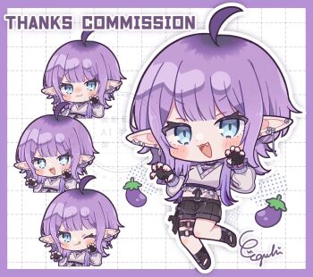 1girl :3 :d ;3 ;q ahoge black_gloves black_shoes black_shorts blunt_bangs blush_stickers claw_pose closed_mouth commentary commission dot_nose ear_piercing eggplant egissi fangs fingerless_gloves full_body gloves grid_background hands_up indie_virtual_youtuber long_hair long_sleeves looking_at_viewer multiple_thigh_straps multiple_views nasu_sanbou one_eye_closed open_mouth piercing pointy_ears purple_hair shirt shoes shorts signature skeb_commission smile standing standing_on_one_leg teeth tongue tongue_out upper_teeth_only virtual_youtuber watermark white_background white_shirt