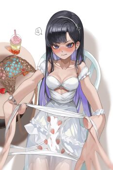 1girl absurdres anger_vein bag black_hair blush breasts chair collarbone colored_inner_hair dress embarrassed eunhwa_(nikke) eunhwa_(tactical_upgrade)_(day_off)_(nikke) food_print fruit_print goddess_of_victory:_nikke handbag highres holding holding_panties holding_underwear holding_unworn_clothes looking_at_viewer medium_breasts mole mole_under_mouth multicolored_hair official_alternate_costume panties presenting_removed_panties print_panties purple_eyes purple_hair sitting smoothie solo spoken_anger_vein strawberry_panties strawberry_print table toulalan two-tone_hair underwear unworn_panties white_dress white_panties