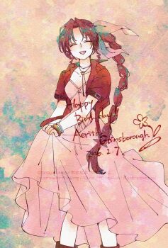 Rule 34 | 1girl, aerith gainsborough, arm belt, bangle, boots, bracelet, braid, braided ponytail, breasts, brown boots, brown hair, character name, choker, closed eyes, clothes lift, commentary request, dated, dress, dress lift, feet out of frame, final fantasy, final fantasy vii, final fantasy vii remake, flower choker, hair ribbon, happy birthday, highres, jacket, jewelry, long dress, long hair, medium breasts, open mouth, parted bangs, pink dress, pink ribbon, red jacket, ribbon, sidelocks, single braid, smile, solo, tamagodamaco, twitter username