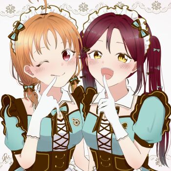 Rule 34 | 2girls, :d, ;p, ahoge, aqua dress, blush, brown corset, closed mouth, commentary, corset, costume request, cross-laced clothes, cross-laced dress, dress, english commentary, finger to mouth, gloves, hair intakes, heart, heart ahoge, highres, long hair, looking at viewer, love live!, love live! sunshine!!, low twintails, medium hair, multiple girls, one eye closed, open mouth, orange hair, parted bangs, pink eyes, puffy short sleeves, puffy sleeves, ribokoromochi, sakurauchi riko, short sleeves, shushing, sidelocks, smile, split mouth, takami chika, tongue, tongue out, twintails, underbust, white background, white gloves, yellow eyes