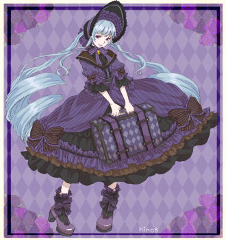 Rule 34 | 1girl, ankle bow, ankle ribbon, argyle background, black bonnet, black bow, black ribbon, black shirt, black shoes, black socks, blue hair, bonnet, border, bow, bowtie, brooch, classic lolita, closed mouth, commentary request, dress, dress bow, drill hair, eyelashes, flower, frilled bow, frilled dress, frilled headwear, frilled sleeves, frilled socks, frills, full body, grey bow, hair through headwear, happy, high heels, highres, hino (8), holding, holding suitcase, jewelry, leg ribbon, lipstick, lolita fashion, long dress, long hair, long sleeves, maiden's romance (miracle nikki), makeup, miracle nikki, nikki (series), official alternate color, outside border, partial commentary, picture frame, puffy long sleeves, puffy sleeves, pumps, purple background, purple bow, purple bowtie, purple dress, purple eyes, purple lips, purple shoes, ribbon, ribbon legwear, rose, shirt, shirt under dress, shoes, signature, sleeve bow, smile, socks, solo, striped bow, striped clothes, striped dress, suitcase, three-quarter sleeves, twin drills, twintails, vertical-striped clothes, vertical-striped dress, very long hair, white border