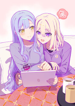 2girls absurdres bang_dream! bang_dream!_it's_mygo!!!!! blanket blonde_hair blue_hair blue_shirt blush closed_mouth collarbone commentary_request cup hair_between_eyes hair_down hand_on_another's_waist highres holding holding_tablet_pc long_hair long_sleeves medium_hair misumi_uika mug multiple_girls open_mouth pajamas pillow purple_eyes purple_shirt shirt sidelocks sitting tablet_pc togawa_sakiko usamin_(megumikira) yellow_eyes yuri
