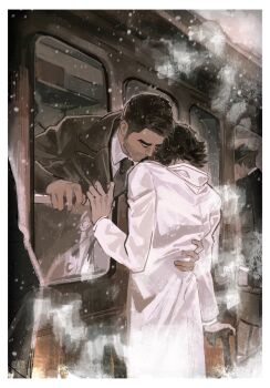 2boys arcane:_league_of_legends arcane_jayce axi_song black_jacket black_necktie border brown_hair closed_eyes coat collared_shirt hand_on_another's_back highres jacket jayce_(league_of_legends) lapels league_of_legends long_sleeves male_focus multiple_boys necktie notched_lapels shirt short_hair snowing suit_jacket thick_eyebrows train viktor_(arcane) viktor_(league_of_legends) white_border white_coat white_shirt window wing_collar yaoi