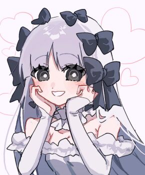 Rule 34 | 1girl, absurdres, arm warmers, black bow, black eyes, blush, bow, breasts, choker, cleavage, collarbone, commentary, fate/strange fake, fate (series), francesca prelati (fate), frilled choker, frills, hair bow, heart, highres, leotard, long hair, looking at viewer, muryo 55555, ringed eyes, smile, solo, striped clothes, striped leotard, untranslatable commentary, upper body, white arm warmers, white choker, white hair, white leotard