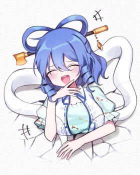 Rule 34 | 1girl, :d, ^ ^, blue hair, blue shirt, blush, breasts, closed eyes, collared vest, commentary, double-parted bangs, hair between eyes, hair ornament, hair rings, hair stick, hand up, highres, kaku seiga, large breasts, open clothes, open mouth, open vest, shawl, shirt, short hair, short sleeves, smile, solo, soooooook2, stuck, through wall, touhou, upper body, vest, white vest