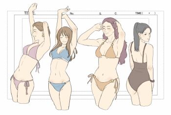 4girls animation_paper arms_up ass ay0n_10 bikini black_eyes black_hair blue_bikini bracelet breasts brown_hair brown_one-piece_swimsuit cleavage closed_eyes commentary earrings hands_in_own_hair hashtag-only_commentary high_ponytail jewelry long_hair looking_back medium_breasts multiple_girls navel one-piece_swimsuit orange_bikini original ponytail purple_bikini purple_hair short_hair side-tie_bikini_bottom stretching swimsuit