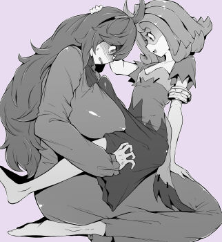 1futa 1girl acerola_(pokemon) age_difference blush bracelet breasts bulge dress erection erection_under_clothes flat_chest futa_with_female futanari hair_ornament hex_maniac_(pokemon) hex_maniac_(pokemon_xy) highres huge_breasts huge_penis jewelry loli long_hair long_sleeves makin_tama medium_hair monochrome nintendo onee-loli paizuri paizuri_on_lap paizuri_over_clothes pastel_colors penis penis_awe pokemon pokemon_sm pokemon_xy purple_theme sitting sitting_on_lap sitting_on_person size_difference