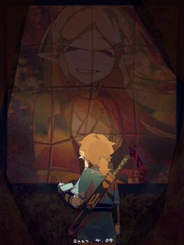 1boy blonde_hair blue_shirt curtains dark dated facing_away from_behind hair_tie hand_up holding holding_tablet_pc layered_sleeves link long_sleeves master_sword medium_hair mural nintendo paozi_haox photo_(object) pointy_ears ponytail princess_zelda sheath sheathed sheikah_slate shirt short_over_long_sleeves short_sleeves solo sword sword_on_back tablet_pc the_legend_of_zelda the_legend_of_zelda:_breath_of_the_wild weapon weapon_on_back