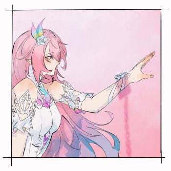 1girl absurdres aqua_hair bare_shoulders border breasts cyrene_(honkai:_star_rail) cyrene_(ripples_of_past_reverie)_(honkai:_star_rail) dress flower hair_flower hair_ornament highres honkai:_star_rail honkai_(series) imtrying442639 large_breasts long_hair multicolored_hair pink_hair pink_sky pointy_ears purple_eyes reaching sky solo very_long_hair white_border white_dress white_hair