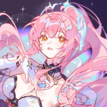 1girl absurdres aemeath_(wuthering_waves) ahoge bare_shoulders commentary detached_collar detached_sleeves diamond-shaped_pupils diamond_(shape) gloves hair_ornament hand_on_own_chest heart-shaped_gem high_ponytail highres long_hair orange_eyes peachuu pink_hair ponytail solo symbol-shaped_pupils white_gloves wuthering_waves