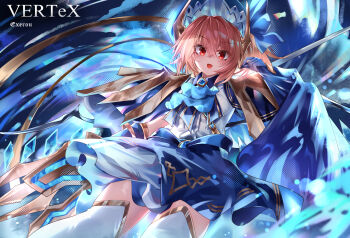 Rule 34 | 1girl, absurdres, alternate costume, artist name, ascot, blonde hair, blue ascot, blue cape, blue gloves, blue hat, blue skirt, blush, brooch, cape, commentary, crystal, crystal wings, english commentary, english text, flandre scarlet, gloves, hat, highres, holding, holding weapon, jewelry, looking at viewer, open mouth, red eyes, shirt, skirt, smile, solo, thighhighs, top-exerou, touhou, weapon, white shirt, white thighhighs, wings