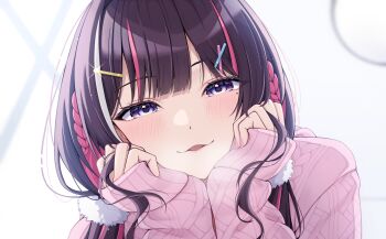 1girl absurdres azki_(hololive) braid brown_hair commentary hair_ornament hairclip half-closed_eyes hands_on_own_face head_tilt highres hololive looking_at_viewer mira_bluesky3 multicolored_hair pink_hair portrait purple_eyes side_braids smug solo streaked_hair sweater virtual_youtuber white_background