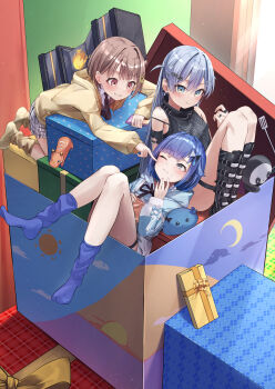 Rule 34 | 3girls, absurdres, akabeko, black boots, black shirt, blue eyes, blue hair, blue hoodie, blue socks, blush, boots, box, brown eyes, brown hair, cellphone, closed mouth, commentary request, ear piercing, earrings, grey eyes, hair ornament, hairclip, highres, holding, holding phone, hood, hood down, hoodie, in box, in container, indoors, jewelry, long sleeves, multiple girls, multiple rings, one eye closed, phone, piercing, ring, sakahana, sendo yuuhi, sendo yuuhi (1st costume), shirt, skirt, sleeveless, smartphone, socks, stuffed toy, thigh strap, tsumugi kokage, virtual youtuber, vspo!, yano kuromu, yano kuromu (1st costume), yellow hoodie, yellow socks