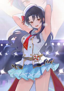 1girl absurdres aqua_skirt armpits arms_behind_head bare_arms beret black_hair blush breasts buttons commentary commission curtained_hair display_board double-breasted hat highres idol_clothes idolmaster idolmaster_million_live! idolmaster_million_live!_theater_days long_hair looking_at_viewer medium_breasts miniskirt nbee_ya official_alternate_costume pleated_skirt presenting_armpit red_eyes senkou_hanabi_dan_(idolmaster) shirt skirt sleeveless sleeveless_shirt smile solo stage sweat takayama_sayoko teeth thighs upper_teeth_only very_long_hair white_hat white_shirt zenryoku_cheerleader_(idolmaster)