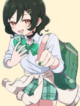 1girl :d bag black_choker bow bowtie cellphone choker collared_shirt commentary_request cowboy_shot dress_shirt fang green_bag green_nails green_skirt gyaru gyarugasaki hair_ornament hairclip heart_pendant highres holding holding_phone kogal looking_at_viewer love_live! love_live!_nijigasaki_high_school_idol_club medium_hair mifune_shioriko miniskirt official_alternate_hairstyle open_mouth orange_eyes parallel_hairclips phone plaid_bow plaid_bowtie plaid_clothes plaid_skirt pleated_skirt pointing pointing_at_viewer school_bag shirt skin_fang skirt smartphone smile solo star_(symbol) star_hair_ornament three-quarter_sleeves white_shirt yako2189