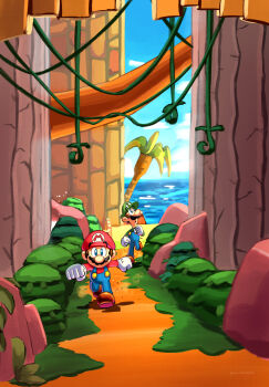 Rule 34 | 2boys, artist name, blue overalls, blue sky, brothers, brown shoes, cloud, commentary request, facial hair, gloves, green hat, hat, highres, luigi, male focus, maribou (supermaribou), mario, mario &amp; luigi: brothership, mario &amp; luigi rpg, mario (series), multiple boys, mustache, newsboy cap, nintendo, overalls, red hat, shadow, shoes, siblings, sky, white gloves