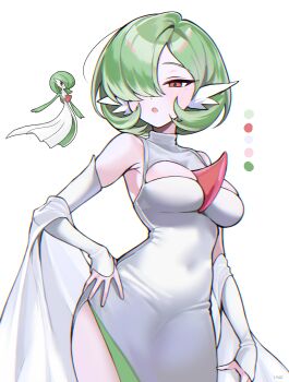 1girl absurdres artist_name bare_shoulders breasts covered_navel cowboy_shot dot_nose dress elbow_gloves fingerless_gloves gardevoir gen_3_pokemon gloves green_dress green_hair hair_over_one_eye hand_on_own_hip haze_(7h4ze) highres large_breasts light_blush looking_at_viewer medium_hair mole mole_under_eye multicolored_dress nintendo open_mouth orange_eyes original personification pokemon pokemon_(creature) reference_inset simple_background solo two-tone_dress white_background white_dress white_gloves