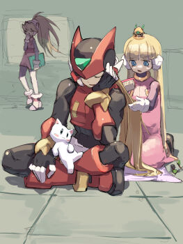 1boy 2girls alouette_(mega_man) android armor blonde_hair blue_eyes blunt_bangs brushing_another&#039;s_hair brushing_hair ciel_(mega_man) cyber_elf_(mega_man) dress gloves hair_brush helmet highres long_hair mega_man_(series) mega_man_zero_(series) multiple_girls omochi_(mochi_skymega) open_mouth pink_dress ponytail robot_ears sitting skirt stuffed_animal stuffed_cat stuffed_toy zero(z)_(mega_man) zero_(mega_man)