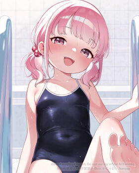 1girl barefoot blush commentary_request covered_navel cropped flat_chest kanya_pyi looking_at_viewer melonbooks one-piece_swimsuit open_mouth original pink_eyes pink_hair poolside school_swimsuit short_hair sitting smile solo swimsuit tiles toes twintails wet