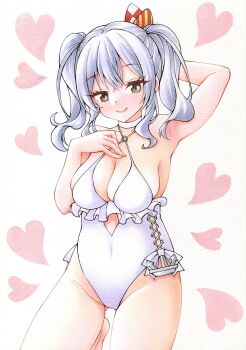 1girl blue_eyes breasts casual_one-piece_swimsuit choker cosplay cowboy_shot criss-cross_halter flower frilled_one-piece_swimsuit frills furuta_tomohiro grey_hair hair_flower hair_ornament hairband halterneck heart heart_background highleg highleg_one-piece_swimsuit highres kantai_collection kashima_(kancolle) large_breasts long_hair one-piece_swimsuit sagiri_(kancolle) sagiri_(kancolle)_(cosplay) sagiri_(swimsuit)_(kancolle) side-tie_swimsuit solo swimsuit twintails wavy_hair white_background white_choker white_one-piece_swimsuit