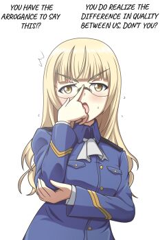1girl absurdres adjusting_eyewear blonde_hair blush confession glasses hattorin highres long_hair looking_at_viewer military_uniform open_mouth perrine_h._clostermann simple_background solo strike_witches white_background world_witches_series yellow_eyes