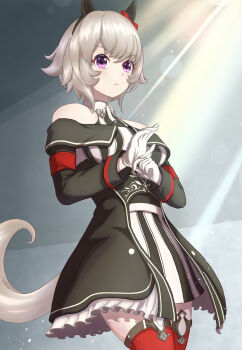 Rule 34 | 1girl, adjusting clothes, adjusting gloves, animal ears, bare shoulders, black hairband, blush, bow, breasts, closed mouth, coat, commentary request, curren chan (fille eclair) (umamusume), curren chan (umamusume), dress, ear bow, ear covers, gloves, grey hair, hairband, highres, horse ears, horse girl, horse tail, long sleeves, medium breasts, mu-to, off-shoulder coat, off-shoulder dress, off-shoulder jacket, off shoulder, purple eyes, red bow, red thighhighs, short hair, solo, striped clothes, striped dress, tail, thighhighs, umamusume, vertical-striped clothes, vertical-striped dress, white gloves