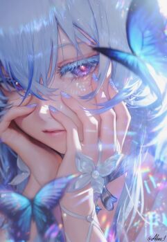 ai-assisted alens_(alens454635) bad_tag blue_hair blue_nails bug butterfly close-up helmet highres insect pink_pupils purple_eyes refraction shorekeeper_(wuthering_waves) wuthering_waves