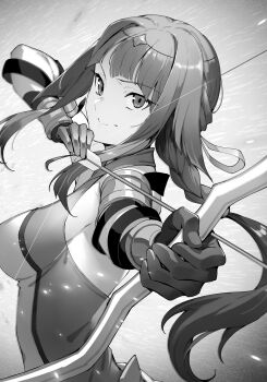 Rule 34 | 1girl, armlet, arrow (projectile), artemis (danmachi), astraea record, blunt bangs, bow (weapon), bracer, braid, breasts, circlet, closed mouth, drawing bow, dress, dungeon ni deai wo motomeru no wa machigatteiru darou ka, from side, gloves, greyscale, hand up, highres, holding, holding arrow, holding bow (weapon), holding weapon, jewelry, kakage, long hair, long sidelocks, looking at viewer, looking to the side, low-braided long hair, low-tied long hair, medium breasts, monochrome, novel illustration, official art, sidelocks, sleeveless, sleeveless dress, smile, solo, third-party source, tight clothes, tight dress, weapon