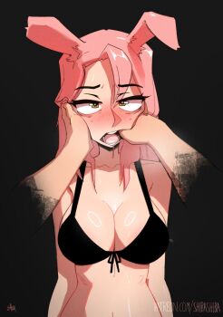 1girl animal_ears black_background black_bra blush bra breasts cleavage commentary disembodied_hand english_commentary finger_in_another's_mouth half-closed_eyes hands_on_another's_cheeks hands_on_another's_face heart heart_in_eye highres large_breasts long_hair looking_at_viewer open_mouth original pink_hair rabbit_ears rabbit_girl shibansfw simple_background solo symbol_in_eye underwear underwear_only upper_body yellow_eyes