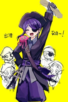 2boys 3girls :d ^_^ belt black_tunic closed_eyes commentary_request cowboy_shot earrings emily_dyer emily_dyer_(pirate_doctor) emma_woods emma_woods_(pirate_shipwright) eyepatch freckles freddy_riley freddy_riley_(navigator) gloves grey_gloves grey_shirt hat hoge_(n8sss) hoop_earrings identity_v jewelry kreacher_pierson kreacher_pierson_(pirate_spotter) martha_behamfil martha_behamfil_(pirate_gunner) multiple_boys multiple_girls official_alternate_costume open_mouth pants pirate_hat puffy_pants purple_belt purple_hair purple_pants shirt sidelocks single_earring smile solo_focus squid translation_request tunic yellow_background