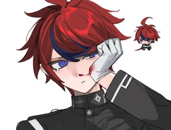 1boy ahoge black_jacket black_streaks blood blood_on_face blood_on_gloves blue_eyes chibi chibi_inset eyeliner frown gakuran gloves holding holding_sword holding_weapon jacket last_defense_academy_school_uniform makeup male_focus multicolored_hair nosebleed red_eyeliner red_hair ringed_eyes school_uniform short_hair streaked_hair suishui33 sumino_takumi sword tearing_up the_hundred_line_-last_defense_academy- weapon white_gloves wiping_face