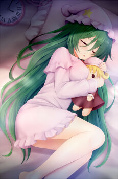 Rule 34 | 1girl, adversarial noise, bare legs, between breasts, blush, breasts, character doll, commentary request, curly hair, doll, elly (touhou), frilled pajamas, frills, green hair, hair between eyes, hands up, highres, indoors, kazami yuuka, kazami yuuka (pc-98), large breasts, legs folded, long hair, lotus land story, lying, natsu (927013), on bed, on side, open mouth, pajamas, pink pajamas, sleeping, solo, thighs, touhou, touhou (pc-98), very long hair