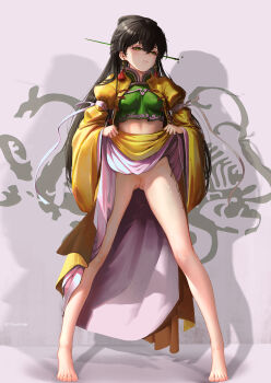 1girl absurdres black_hair bmob_mota censored chinese_clothes chinese_commentary cleft_of_venus clothes_lift commentary_request crop_top earrings expressionless green_shirt hair_ornament hair_stick highres jacket jewelry leg_tattoo long_hair mosaic_censoring no_panties original partial_commentary pussy shirt skirt skirt_lift solo tassel tassel_earrings tattoo yellow_eyes yellow_jacket yellow_skirt