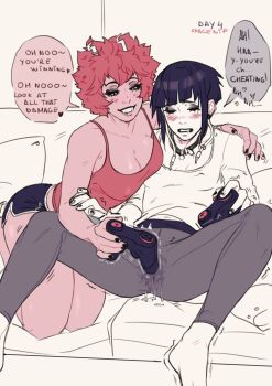 2girls ashido_mina audio_jack black_shorts boku_no_hero_academia breasts colored_skin controller covered_erect_nipples dolphin_shorts english_text game_controller highres holding holding_controller holding_game_controller jiro_kyoka long_earlobes looking_at_another multiple_girls no_bra pink_skin pussy_juice pussy_juice_drip_through_clothes shorts spacenipnops speech_bubble unconventional_vibrator wireless_game_controller yuri
