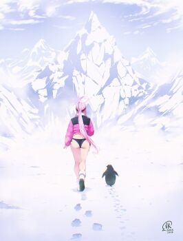 1girl ass bikini bird black_bikini blue_archive cloud commentary day eimi_(blue_archive) eimi_(swimsuit)_(blue_archive) facing_away footprints from_behind full_body halo high_ponytail jacket jk_arts long_hair long_sleeves meme mountain official_alternate_costume official_alternate_hairstyle outdoors padded_jacket penguin penguin_walking_toward_mountain_(meme) pink_hair pink_halo pink_jacket ponytail side-tie_bikini_bottom signature sky snow socks swimsuit walking white_socks