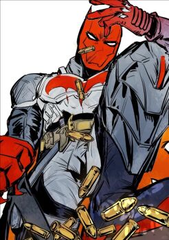 abraxas aged_up bat_signal batman batman_(series) batman_symbol belt bodysuit dc_comics gloves grey_bodysuit jason_todd male_focus mask multicolored_bodysuit muscular muscular_male pants red_hood_(dc) red_mask superhero_costume taut_bodysuit two-tone_bodysuit utility_belt