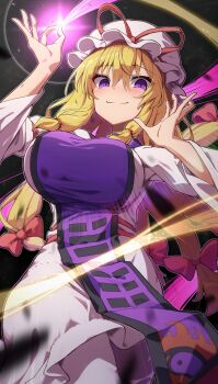 Rule 34 | 1girl, absurdres, blonde hair, blush, breasts, closed mouth, commentary request, dress, floating hair, from below, glowing, hair between eyes, hair ribbon, hands up, hat, highres, large breasts, long hair, long sleeves, looking at viewer, mob cap, purple tabard, red ribbon, ribbon, smile, solo, tabard, touhou, white dress, white hat, yakumo yukari, yosshy
