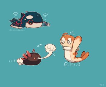 akadako arms_up blue_background commentary_request gen_3_pokemon gen_7_pokemon jumping kyogre legendary_pokemon nintendo no_humans pink_eyes pokemon pokemon_(creature) pokemon_ability pyukumuku scared simple_background solid_oval_eyes tatsugiri tatsugiri_(curly) translation_request twitter_username