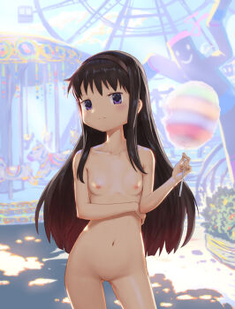 1girl akemi_homura arm_across_chest black_hair breasts carnival carousel cotton_candy cowboy_shot facing_viewer female_focus ferris_wheel hairband lisong_shen long_hair looking_at_viewer mahou_shoujo_madoka_magica navel nipples no_pussy nude outdoors purple_eyes small_breasts solo