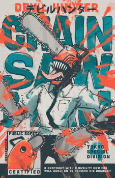 1boy bilingual_text black_necktie black_pants blood chainsaw chainsaw_man collared_shirt colored_blood denji_(chainsaw_man) english_text heroanthem highres long_tongue mixed-language_text necktie orange_blood pants pochita_(chainsaw_man) poster_(medium) pull_cord sharp_teeth shirt sleeves_rolled_up teeth tongue tongue_out white_shirt