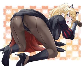 1girl all_fours animal_ears ass back-seamed_legwear black_dress black_panties blonde_hair breasts cat_ears cat_symbol clothes_lift dress dress_lift fake_animal_ears from_behind gloves green_eyes high_heels high_ponytail highres long_hair looking_back may_(wai_no_hontou_no_shokugyou_ga_seikishi) medium_breasts mutsumi_masato novel_illustration official_art open_mouth panties pantyshot partially_visible_vulva paw_pose paw_print ponytail puff_and_slash_sleeves puffy_sleeves raised_inner_eyebrows seamed_legwear second-party_source shoe_soles solo underwear vambraces wai_no_hontou_no_shokugyou_ga_seikishi_toka_ienai