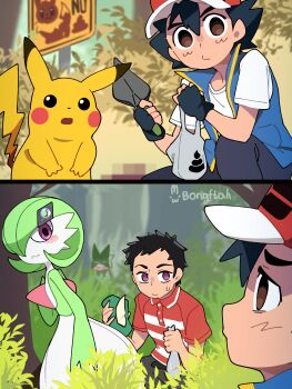 1girl 3boys :3 artist_name ash_ketchum black_hair blush blush_stickers bob_cut bongftah brown_hair closed_mouth colored_skin day disgust eevee embarrassed expressionless forest gardevoir gen_1_pokemon gen_3_pokemon grass green_hair green_skin hair_over_one_eye kneeling looking_at_another meowscarada multicolored_skin multiple_boys nature nintendo pikachu pokemon pokemon_(anime) pokemon_(creature) poketoon pun red_eyes red_shirt shirt short_hair split_mouth spying standing sweat tree two-tone_skin upper_body wavy_mouth what white_skin yuugo_(pokemon)