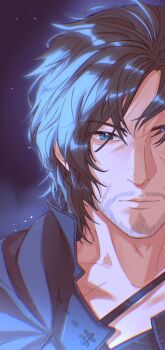 Rule 34 | 1boy, absurdres, beard stubble, black cloak, black hair, blue eyes, clive rosfield, cloak, closed mouth, facial hair, facial scar, final fantasy, final fantasy xvi, fuji94867753, hair between eyes, highres, looking at viewer, male focus, mature male, parted bangs, scar, scar on cheek, scar on face, scar on neck, short hair, simple background, solo, stubble, upper body