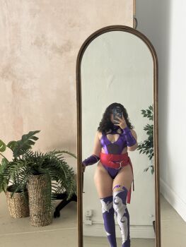 1girl all_fours black_hair breasts curvy elbow_gloves full_body gloves highleg highleg_leotard holding holding_phone indoors jewelry leotard long_hair looking_at_viewer marvel marvel_rivals mirror_selfie phone photo_(medium) psylocke psylocke_(cosplay) psylocke_(vengeance) purple_leotard real_life sash selfie shiny_clothes shiny_skin simple_background solo standing superhero_costume thighhighs vrv0_(majesticnessa) wide_hips x-men